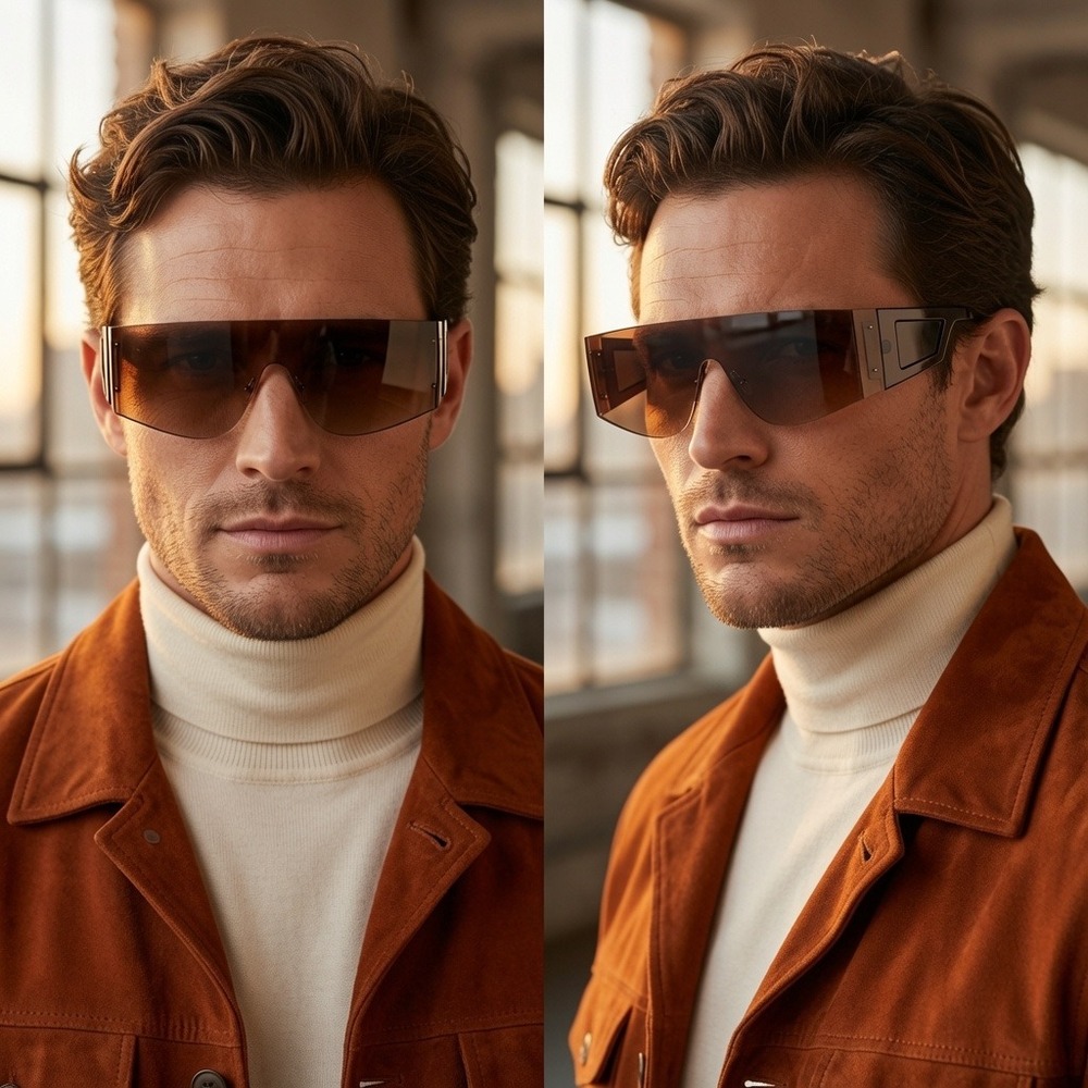 Mens Brown Gradient Shield Sunglasses Rimless Wrap Shades Fashion Designer Gafas